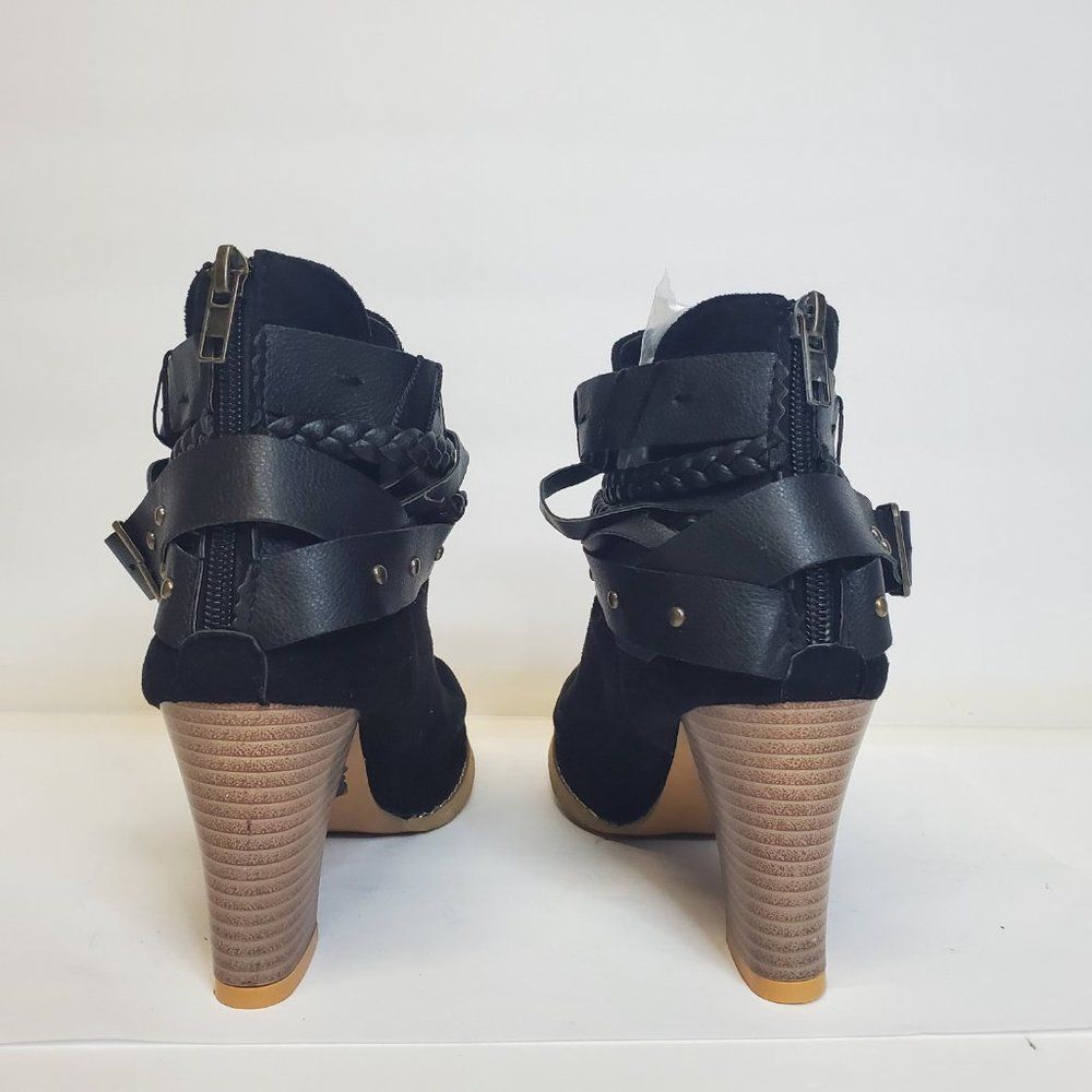 Heli Black Buckle-Strap Bootie Women's Faux Leather Block Heel US 8 - Picture 4 of 6